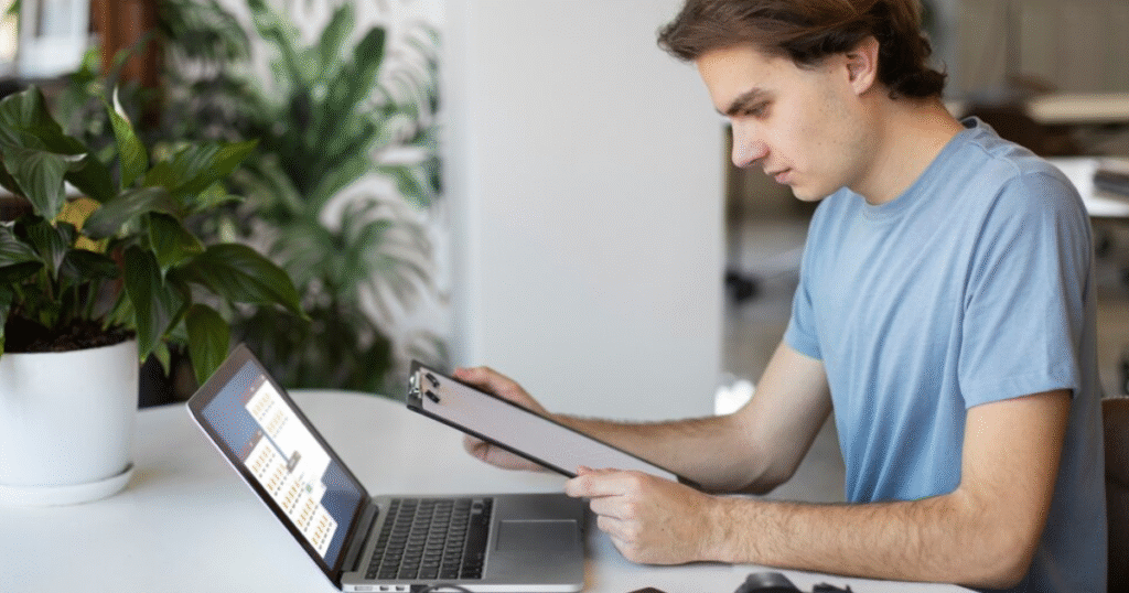 Focused young man sitting at a desk with a laptop and clipboard, appearing thoughtful while taking an online PTSD test.