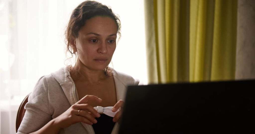 Concerned woman sitting indoors and taking an online PTSD test for women on her laptop.